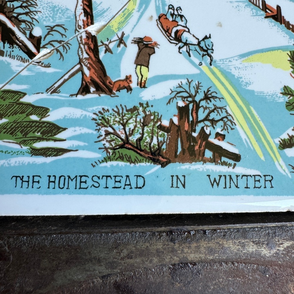 Vintage Cast Iron Teapot Trivet The Homestead in Winter Ceramic Tile Taiwan - Picture 2 of 9
